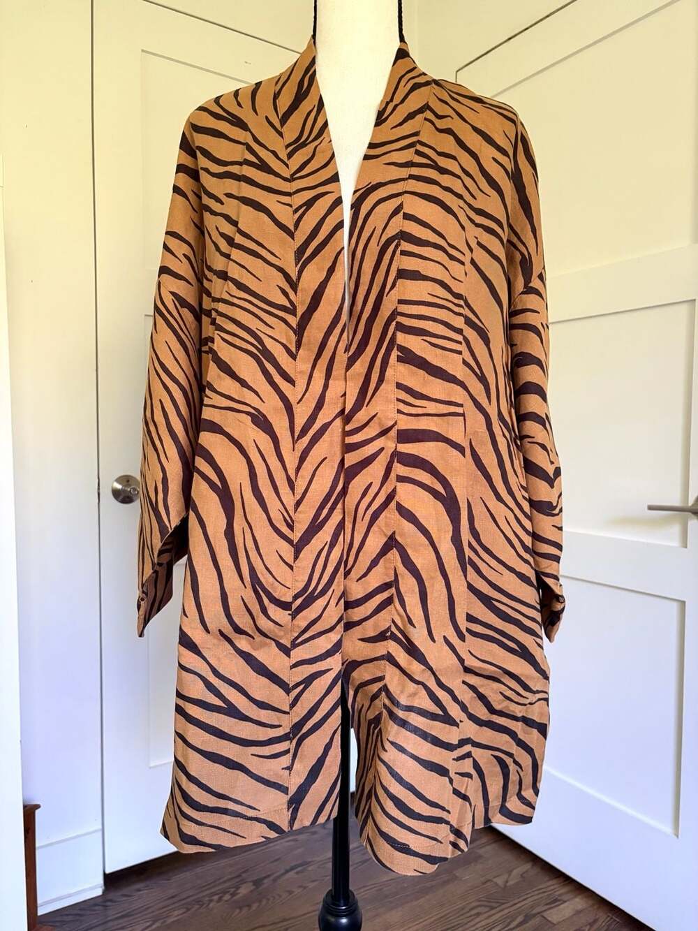 Faithfull The Brand Larissa Linen Robe Brown Animal Tiger Print Belted